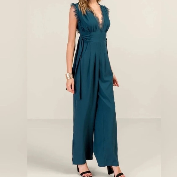 Francesca’s Teal Blue Mira Eyelash Lace Plunge Neckline Wide Leg Jumpsuit Sz XS - Picture 2 of 15